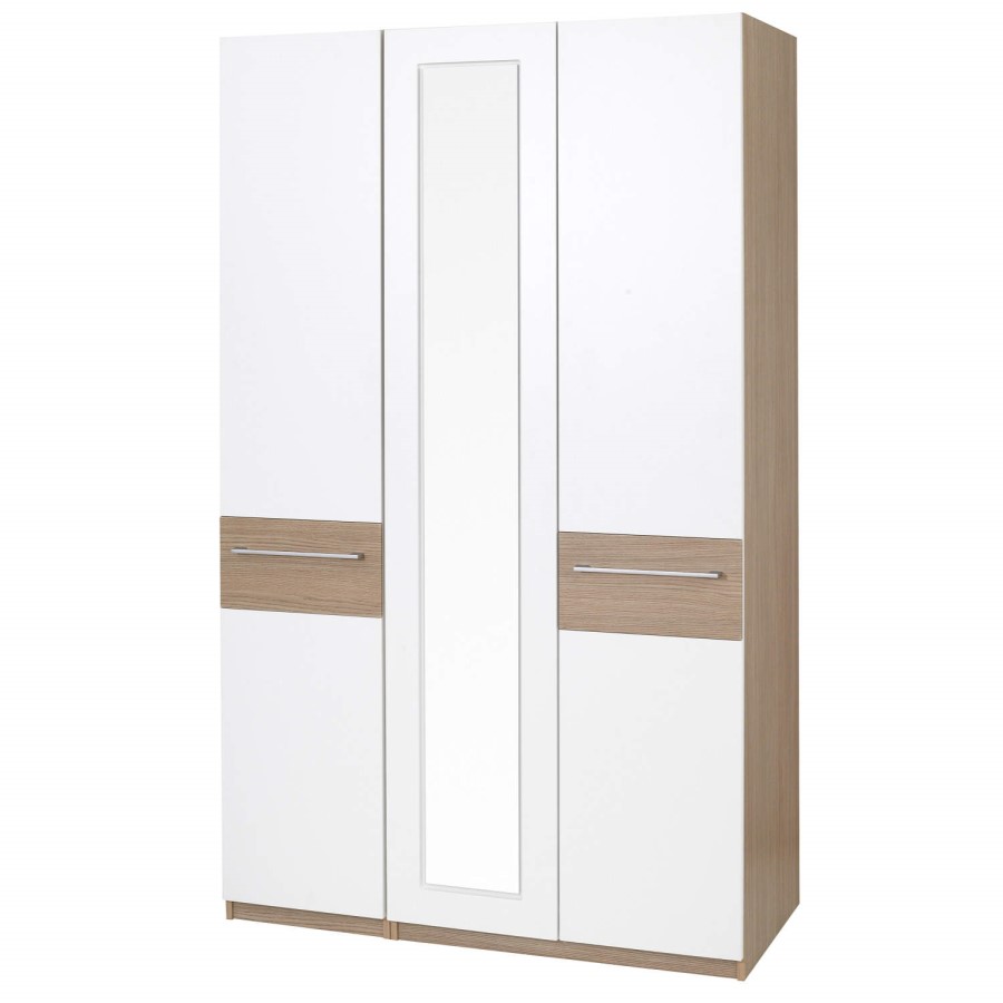 One Call Furniture Duo 3 Door Mirror Wardrobe in Matt White and Textured Oak