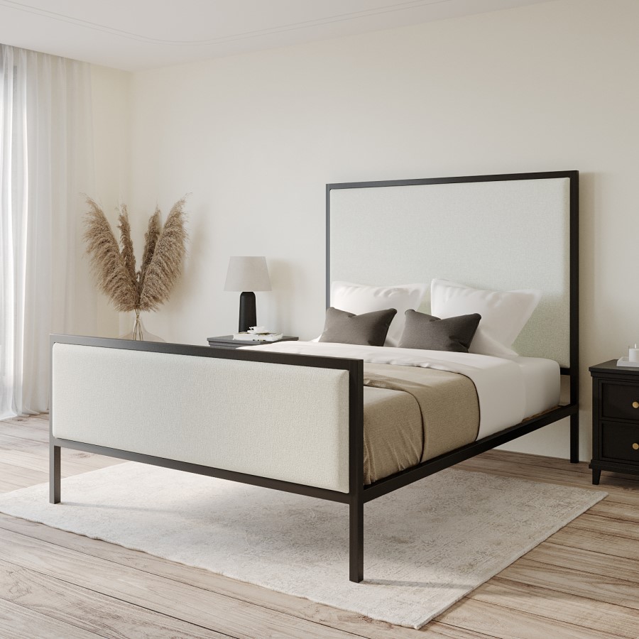 Beige Upholstered King Size Bed with Black Metal Frame - Alexandra