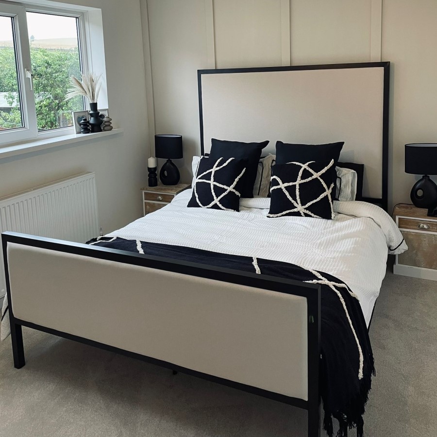 Beige Upholstered King Size Bed with Black Metal Frame - Alexandra