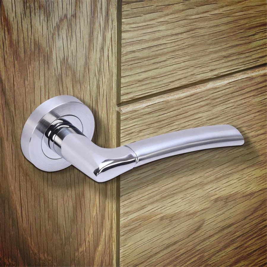 Internal Silver Polished/Satin Chrome Lever Fire Door Handle with Latch and Hinges Pack - 75mm Latch - Drava - XL Joinery
