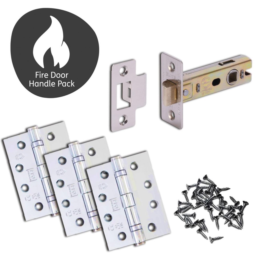 Internal Silver Polished/Satin Chrome Lever Fire Door Handle with Latch and Hinges Pack - 75mm Latch - Drava - XL Joinery
