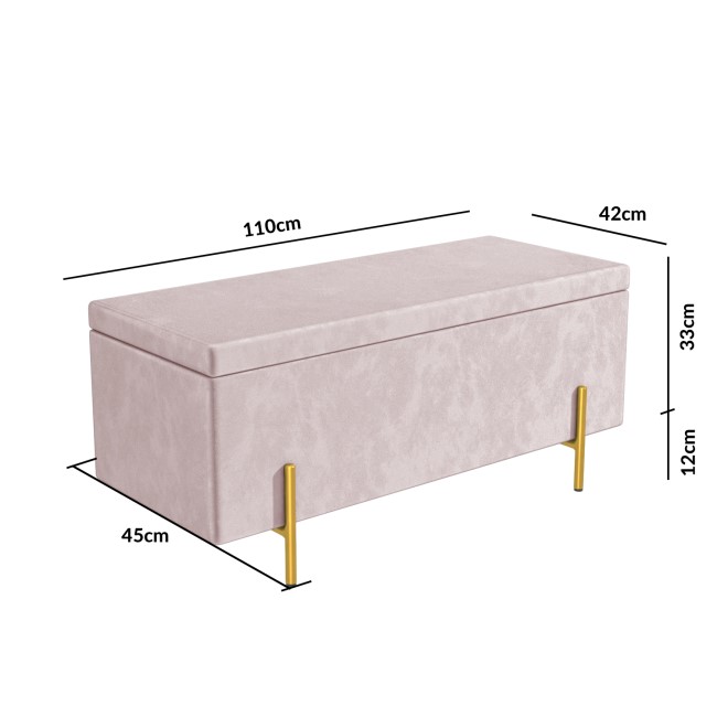 Darcey Velvet Storage Bench in Baby Pink with Gold Leg