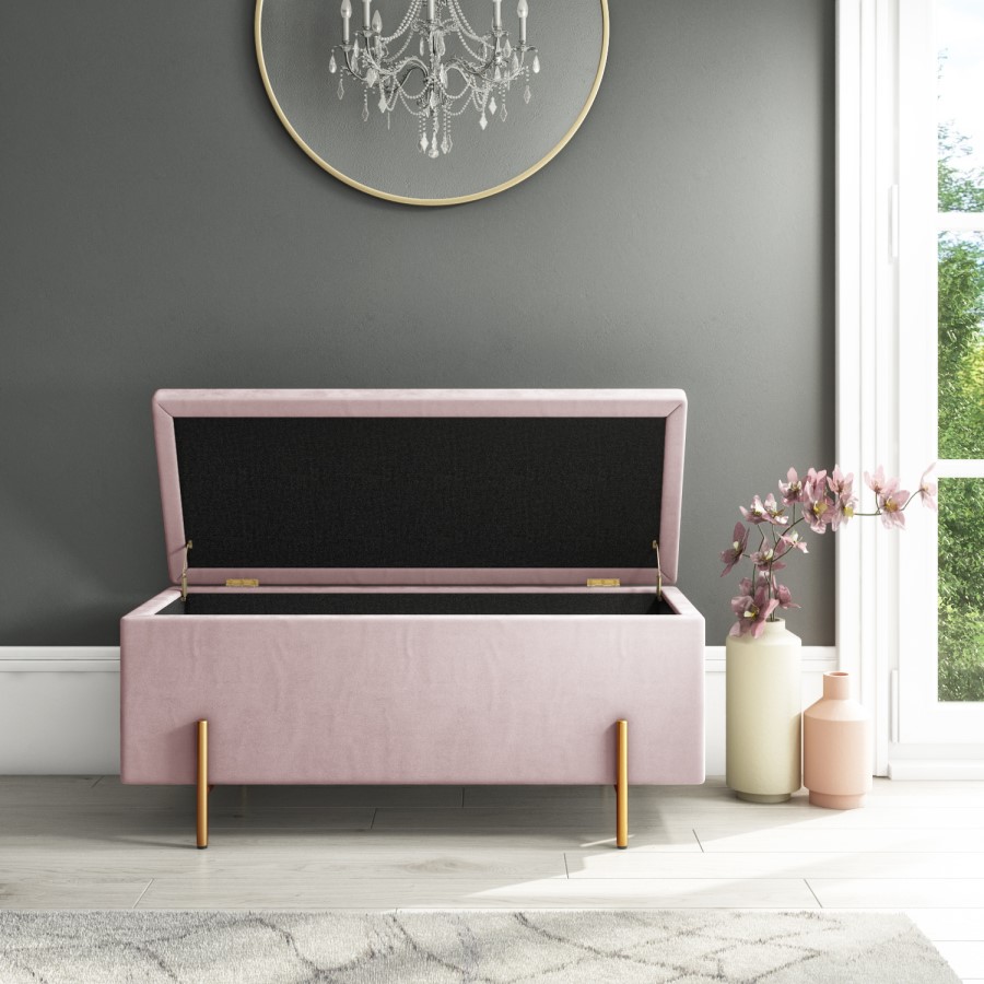 Darcey Velvet Storage Box in Baby Pink with Gold Leg