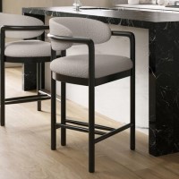 Cream Textured Fabric Kitchen Stool with Black Solid Wood Legs - Darla