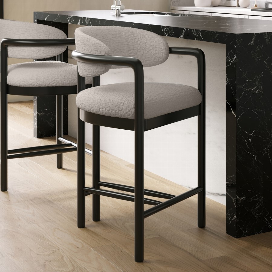 Cream Textured Fabric Kitchen Stool with Black Solid Wood Legs - Darla