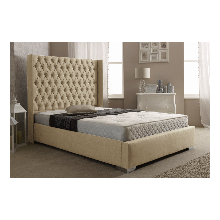 Dumarque Double Luxury Wing Bed Frame in Caramel Linen Fabric