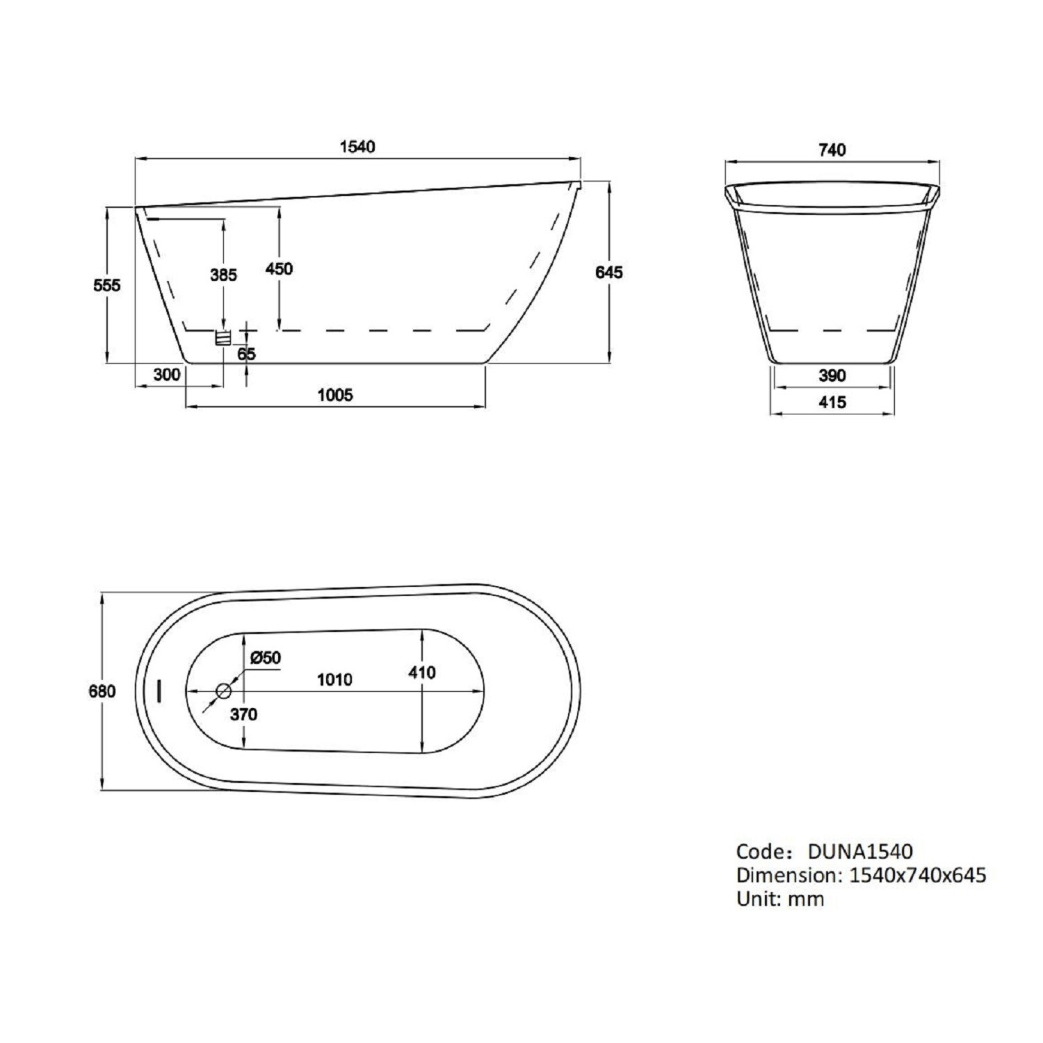 Freestanding Single Ended Slipper Bath 1540 x 740mm - Duna - Furniture123