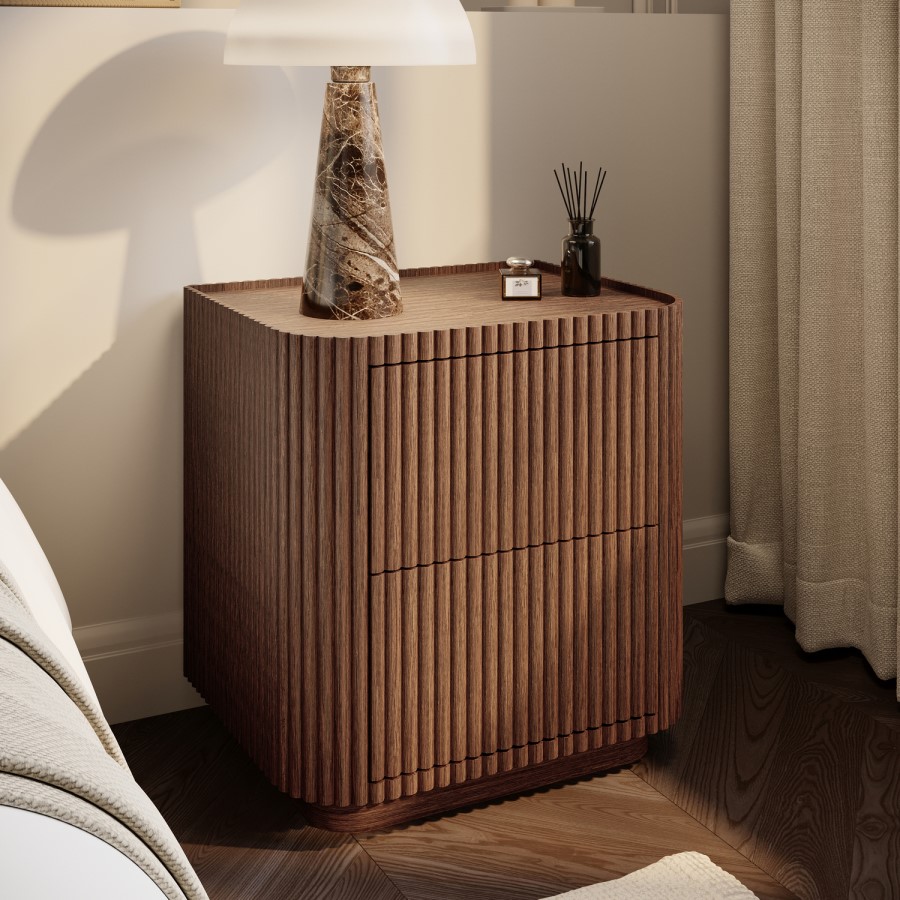 Walnut Ribbed 2 Drawer Bedside - Drew 
