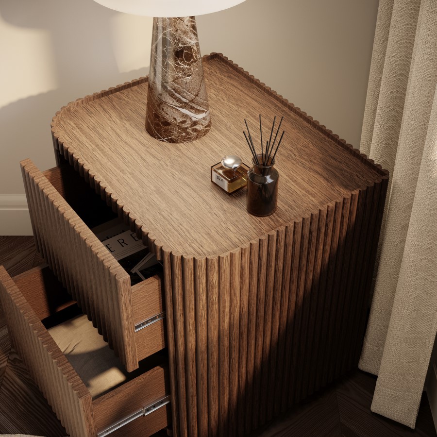 Walnut Ribbed 2 Drawer Bedside - Drew 
