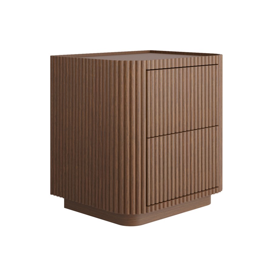 Walnut Ribbed 2 Drawer Bedside - Drew 