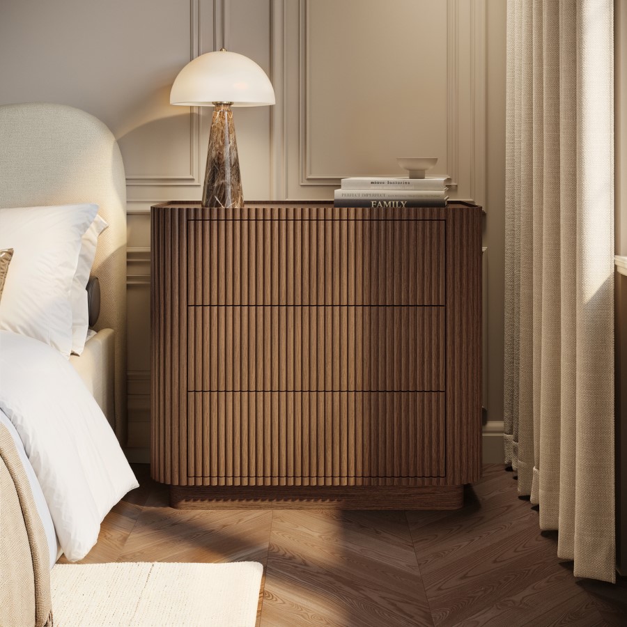 Walnut Ribbed 3 Drawer Chest - Drew 