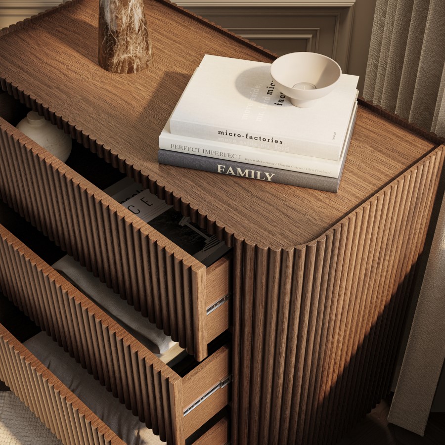 Walnut Ribbed 3 Drawer Chest - Drew 