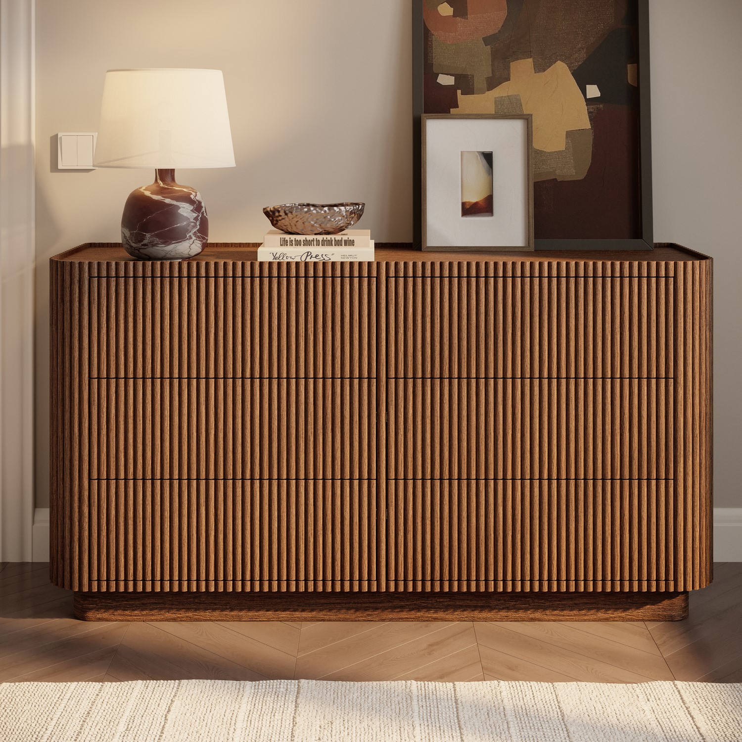 Walnut Ribbed 6 Drawer Wide Chest of Drawers - Fully Assembled - Drew