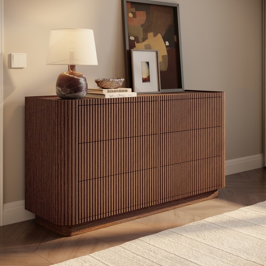 Walnut Ribbed 6 Drawer Chest - Drew 