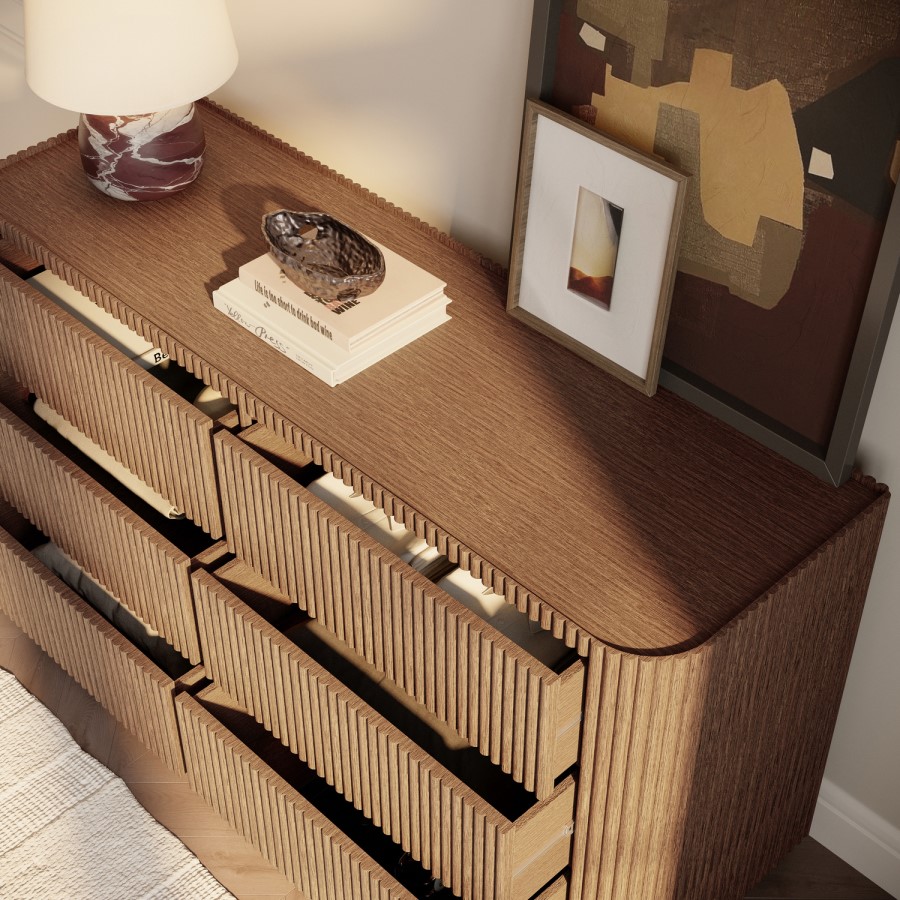 Walnut Ribbed 6 Drawer Chest - Drew 