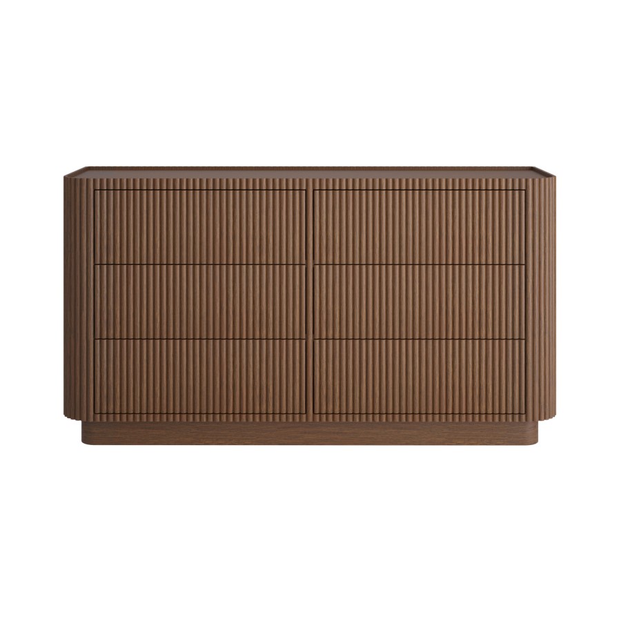 Walnut Ribbed 6 Drawer Chest - Drew 