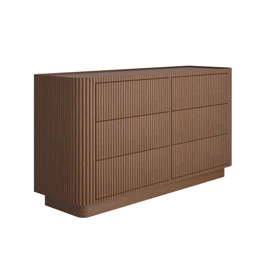 Walnut Ribbed 6 Drawer Chest - Drew 