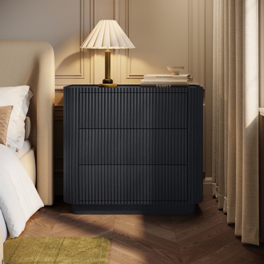Black Ribbed 3 Drawer Chest of Drawers - Fully Assembled - Drew