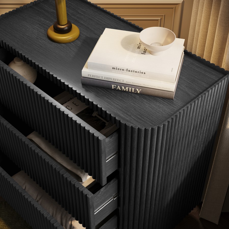 Black Ribbed 3 Drawer Chest of Drawers - Fully Assembled - Drew