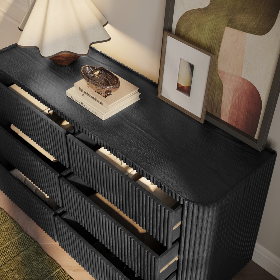 Black Ribbed 6 Drawer Chest of Drawers - Fully Assembled - Drew