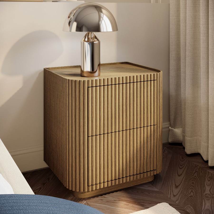 Natural Oak Ribbed 2 Drawer Bedside Table - Fully Assembled - Drew