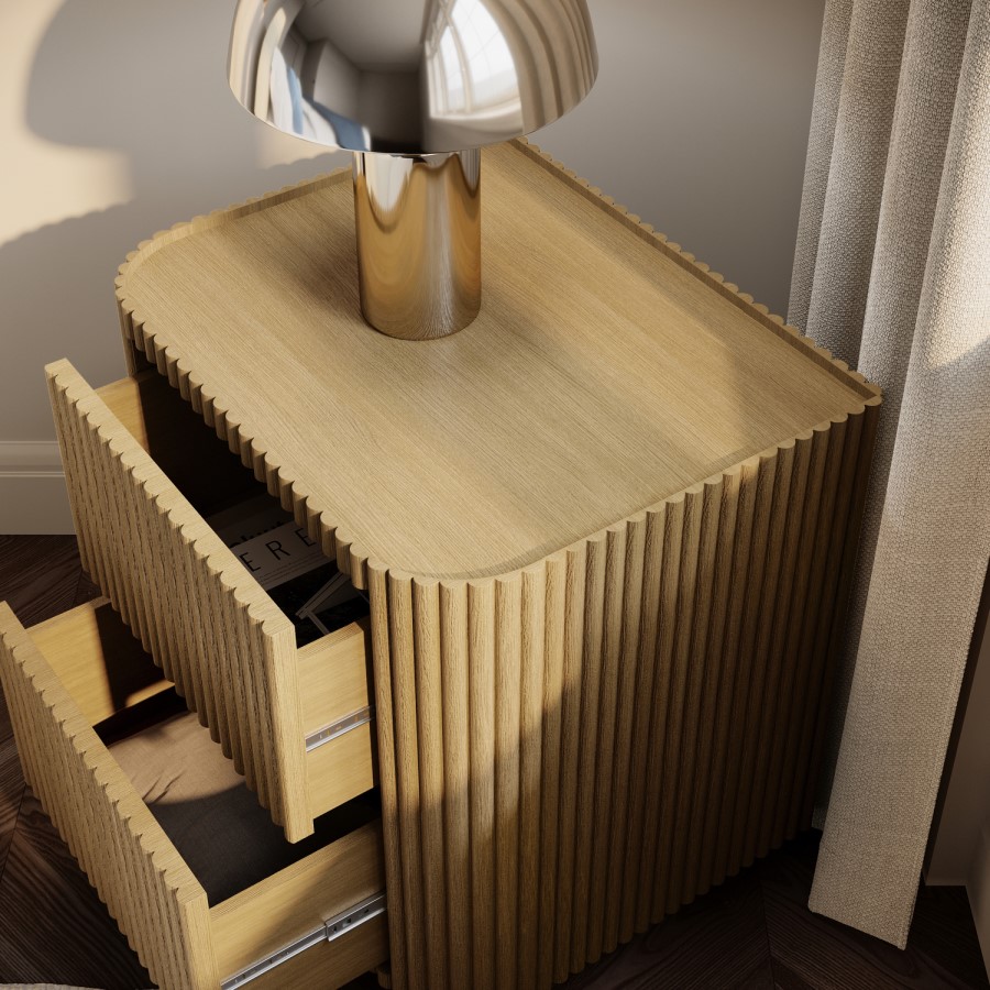 Natural Oak Ribbed 2 Drawer Bedside Table - Fully Assembled - Drew