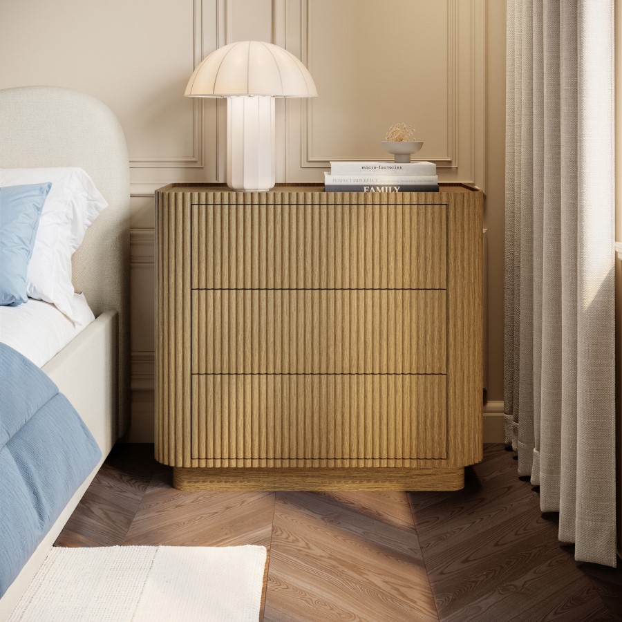 Natural Oak Ribbed 3 Drawer Chest of Drawers - Fully Assembled - Drew
