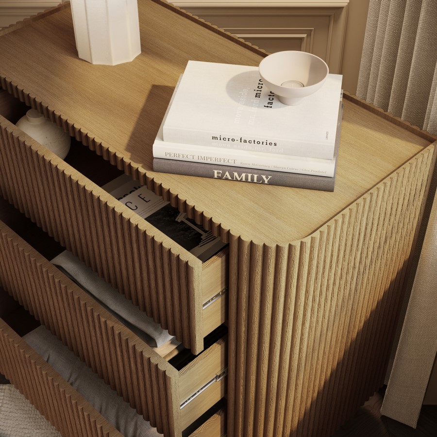 Natural Oak Ribbed 3 Drawer Chest of Drawers - Fully Assembled - Drew