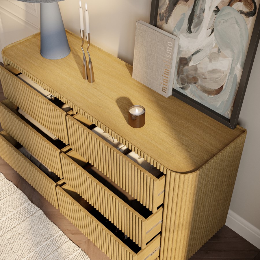 Natural Oak Ribbed 6 Drawer Chest of Drawers - Fully Assembled - Drew