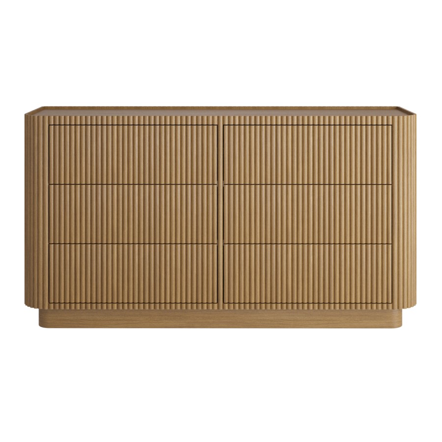 Natural Oak Ribbed 6 Drawer Chest of Drawers - Fully Assembled - Drew