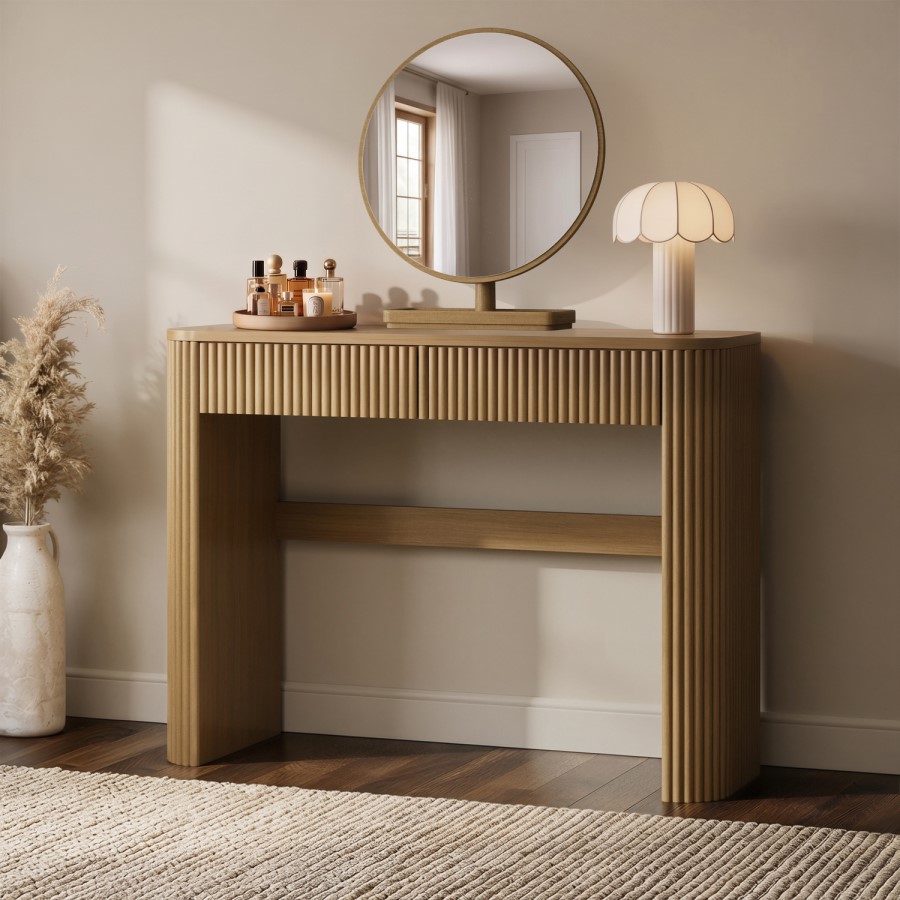 Natural Oak Ribbed Dressing Table with Drawers and Mirror - Drew