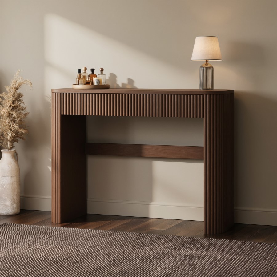 Walnut Ribbed Dressing Table with Drawers and Mirror - Drew