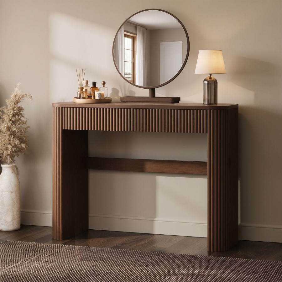 Walnut Ribbed Dressing Table with Drawers and Mirror - Drew
