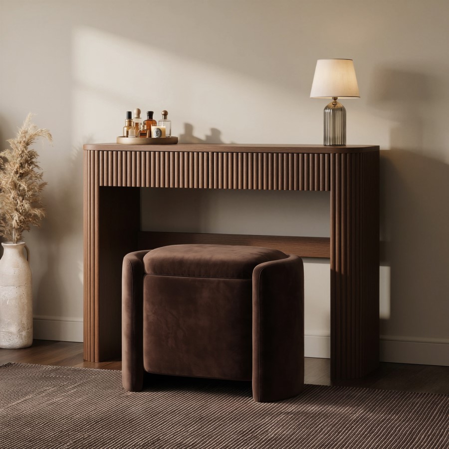 Walnut Ribbed Dressing Table with Drawers and Mirror - Drew