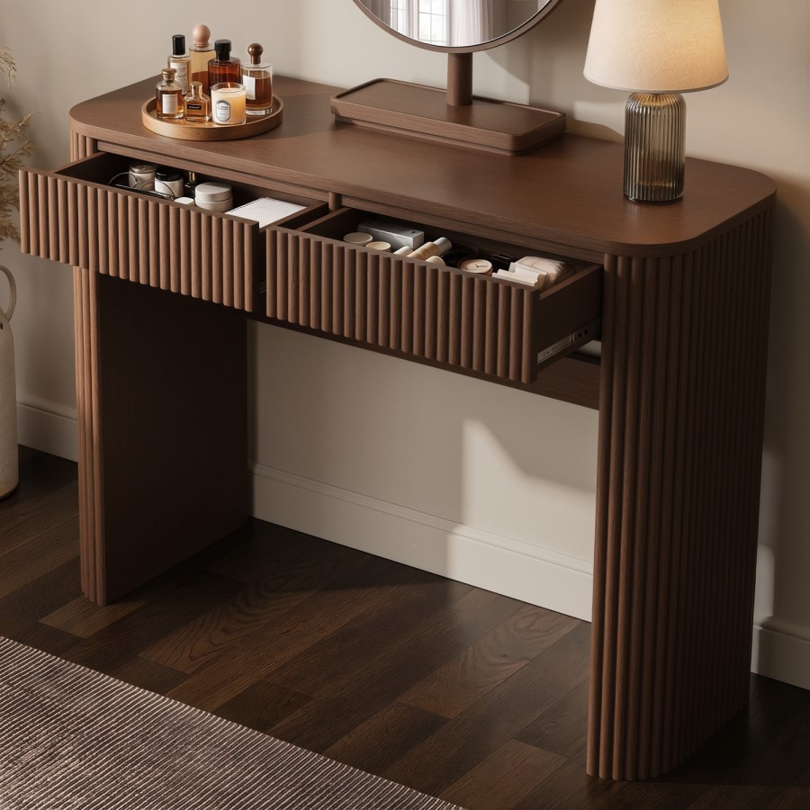 Walnut Ribbed Dressing Table with Drawers and Mirror - Drew
