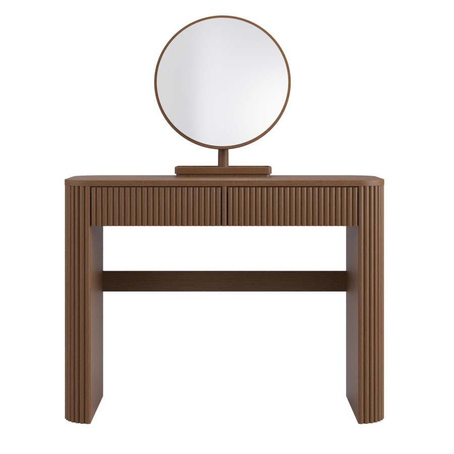 Walnut Ribbed Dressing Table with Drawers and Mirror - Drew