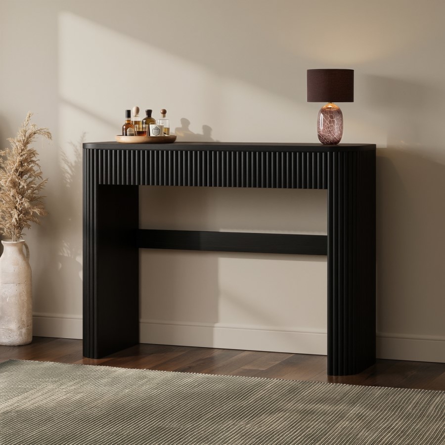 Black Ribbed Dressing Table with Drawers and Mirror - Drew
