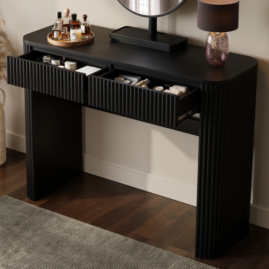 Black Ribbed Dressing Table with Drawers and Mirror - Drew