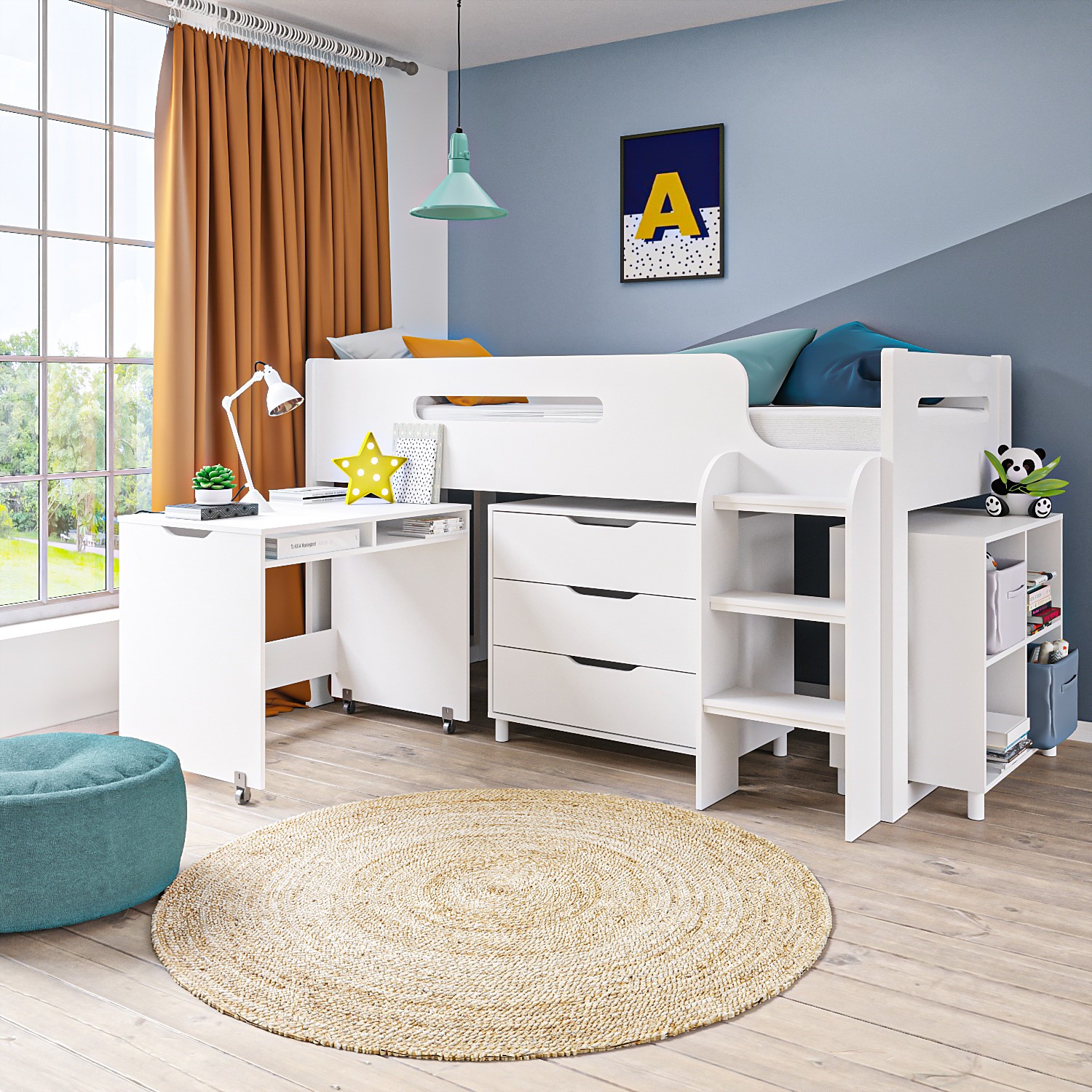 Photo of White mid sleeper cabin bed with storage and desk - dynamo