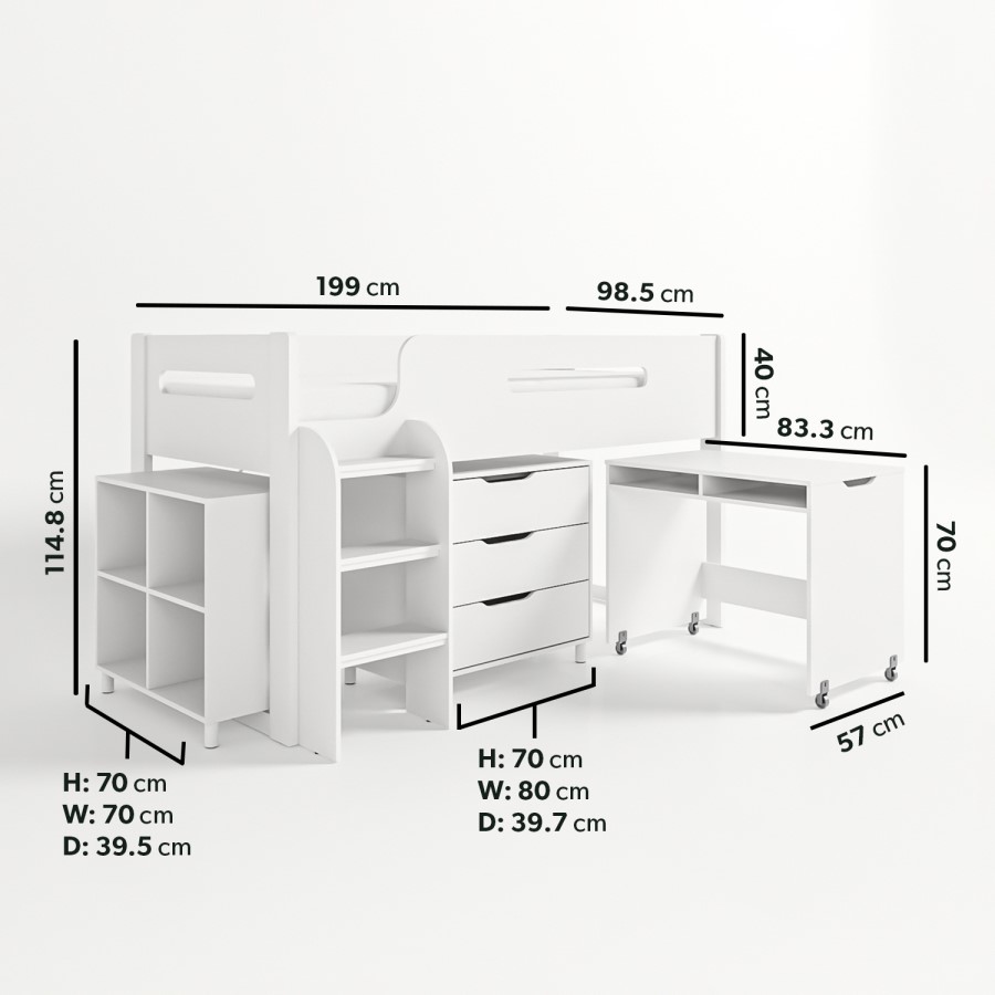GRADE A1 - White Mid Sleeper Cabin Bed with Storage and Desk - Dynamo