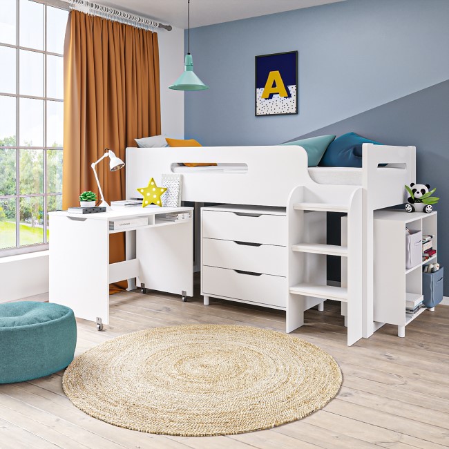 White Mid Sleeper Cabin Bed with Storage and Desk - Dynamo
