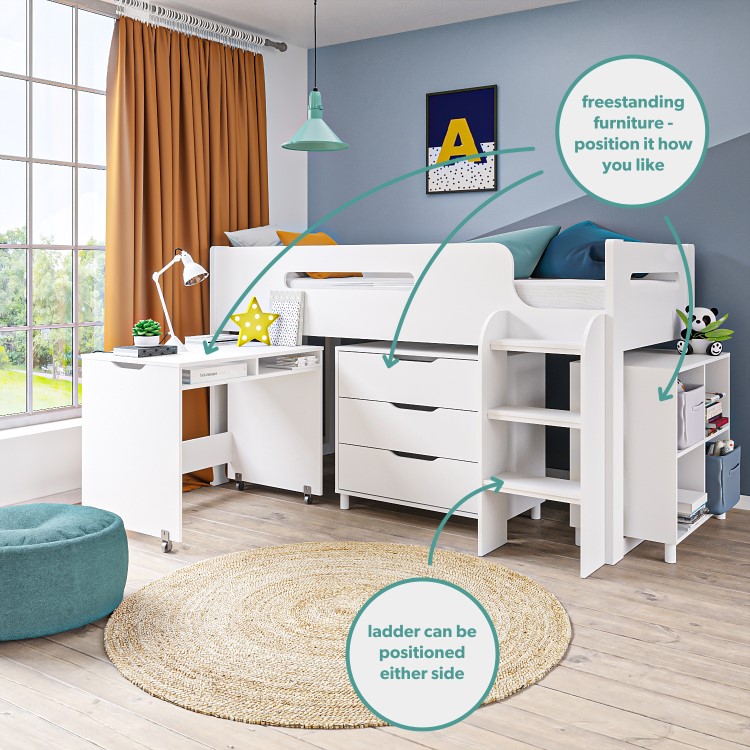 White Mid Sleeper Cabin Bed with Storage and Desk - Dynamo