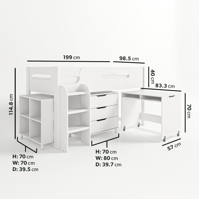 White Mid Sleeper Cabin Bed with Storage and Desk - Dynamo