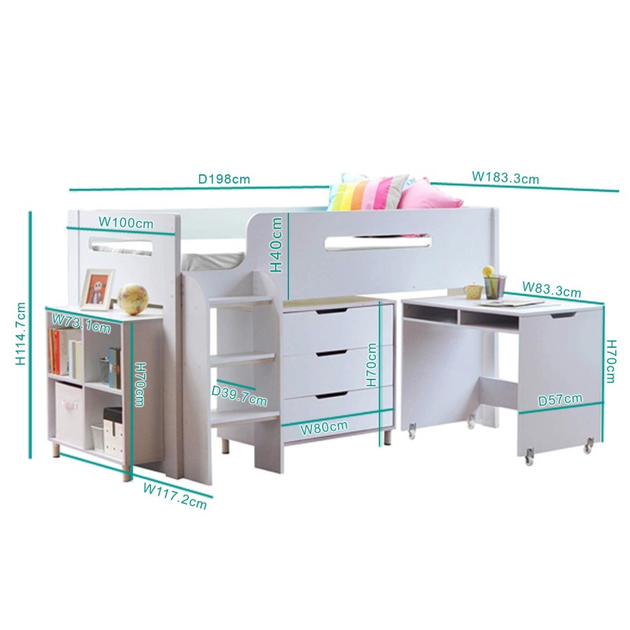 GRADE A1 - Dynamo White Midsleeper Bed with Adaptable Ladder