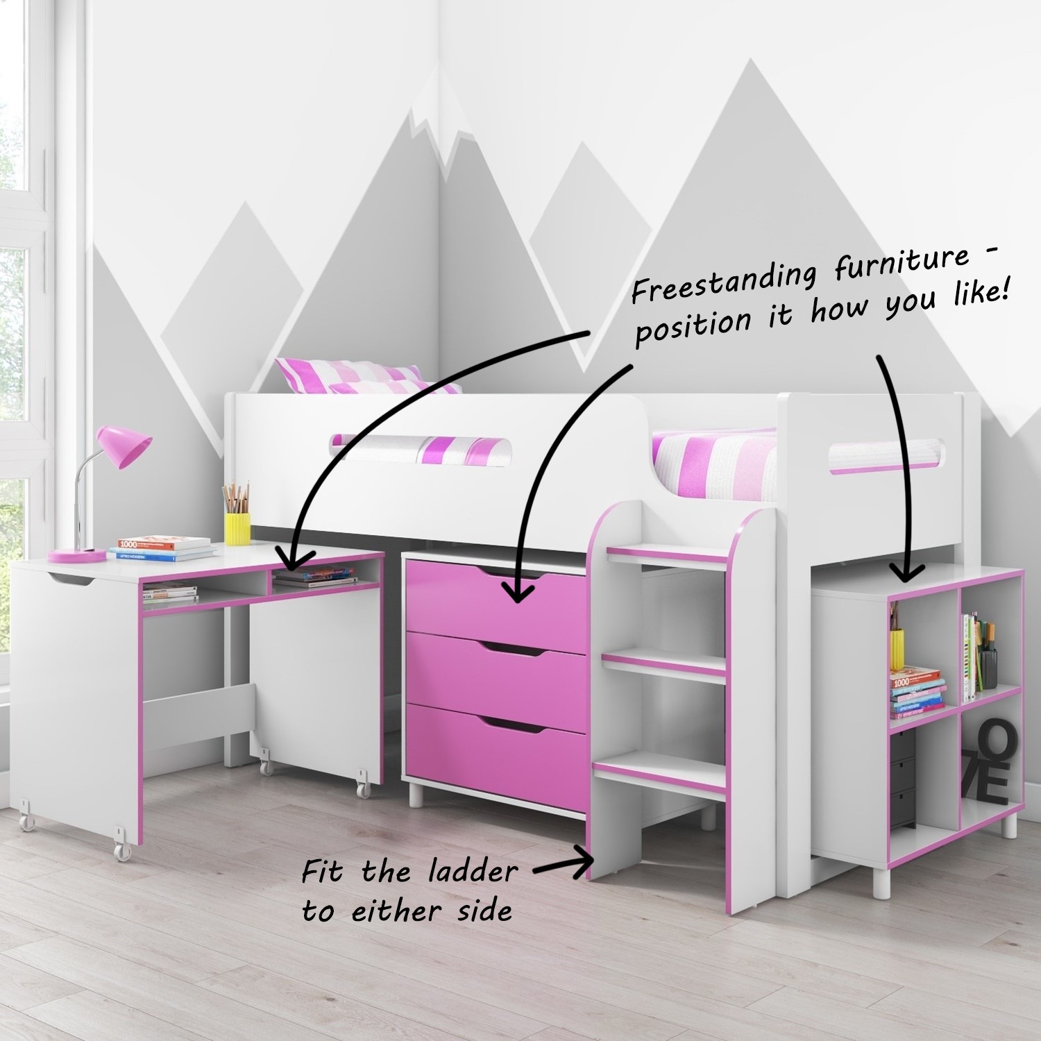 White and Pink Mid Sleeper Cabin Bed with Storage and Desk Dynamo