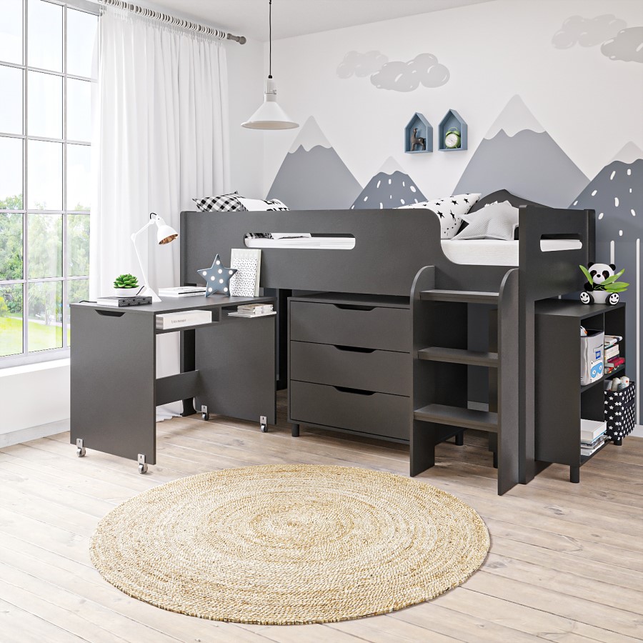 GRADE A1 - Dark Grey Mid Sleeper Cabin Bed with Storage and Desk - Dynamo 