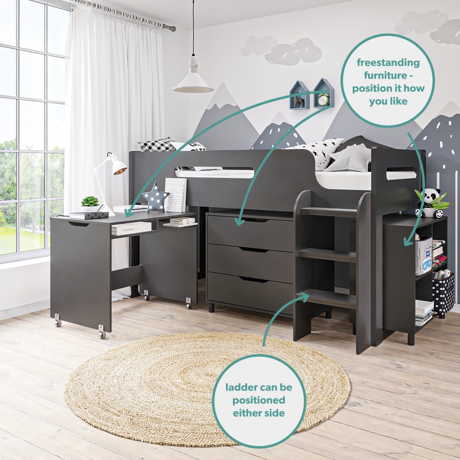 GRADE A1 - Dark Grey Mid Sleeper Cabin Bed with Storage and Desk - Dynamo 