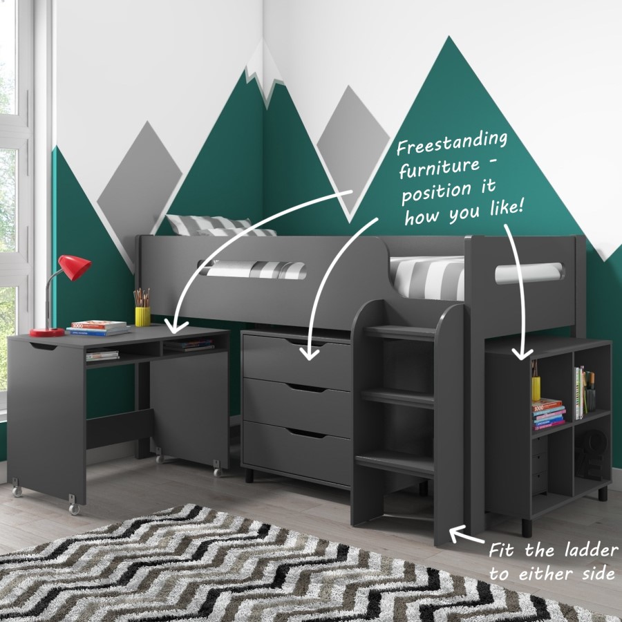 GRADE A1 - Dynamo Dark Grey Cabin Bed - Ladder Can Be Fitted Either Side!