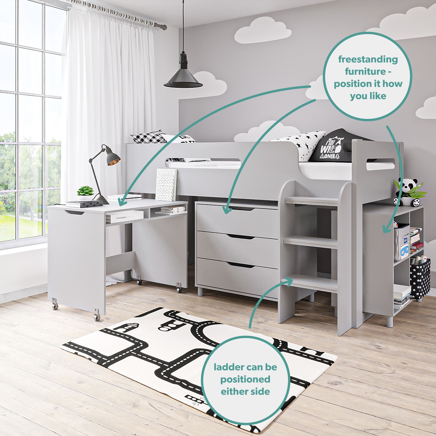 Grey Mid Sleeper Cabin Bed with Storage and Desk - Dynamo - Furniture123