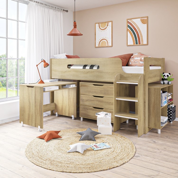 GRADE A1 - Oak Mid Sleeper Cabin Bed with Storage and Desk - Dynamo